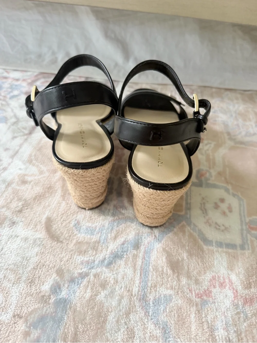 Tommy Hilfiger Black Leather Espadrille Wedge Sandals - W7